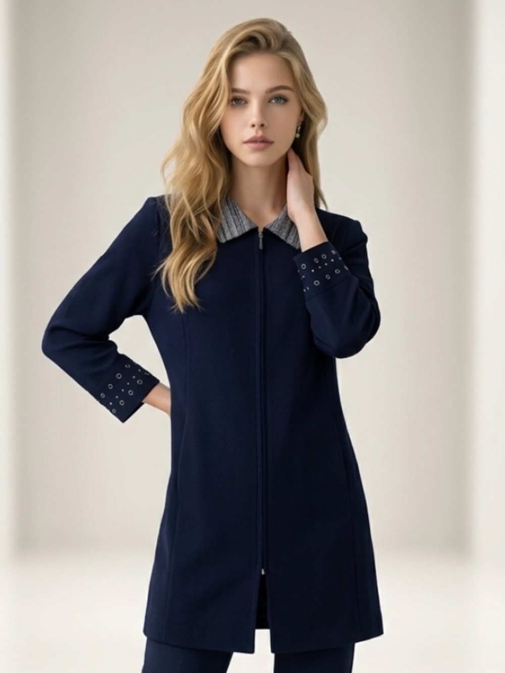 MISOOK Coat Long Full Zip Navy Blue Gray Collar Grommet Cardigan Sweater XL